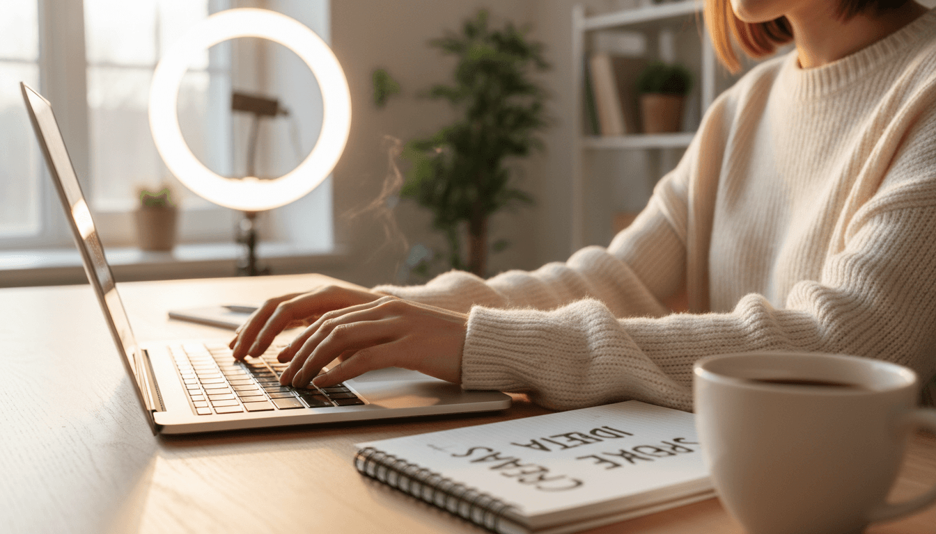 Female creator photographing products with natural lighting in a bright studio workspace