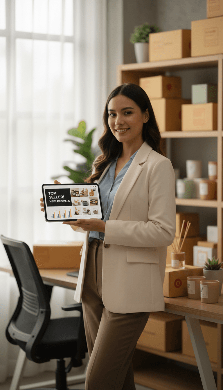 Female creator photographing and organizing products for online marketplace storefront