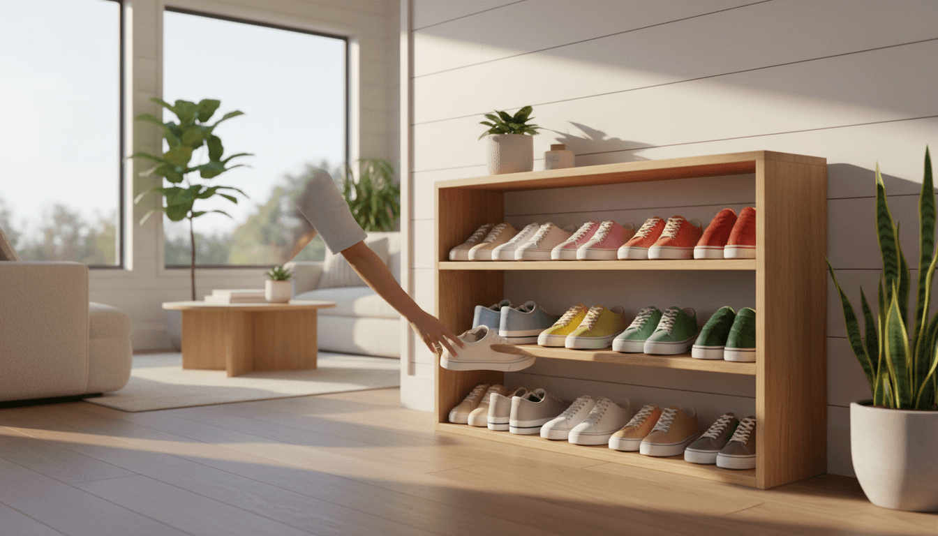 Product display of socks and heels on retail shelving